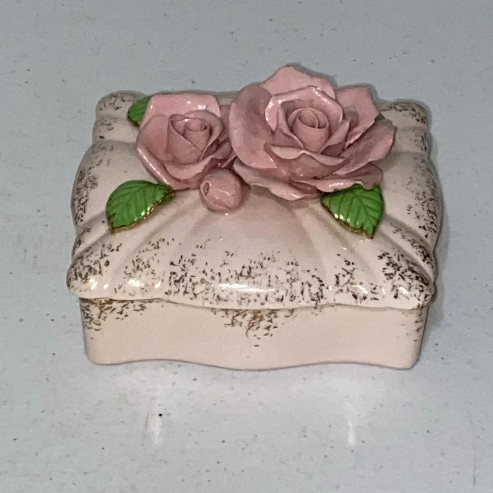 Vintage Made In Occupied Japan Rose Trinket Dish Pink Floral Jewelry Box Rare